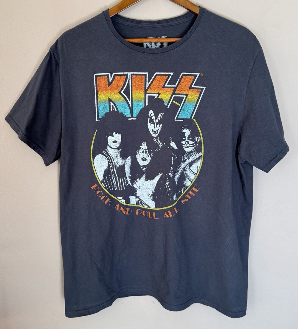 KISS Rock and Roll All Nite Band Graphic T-Shirt Men's XL Gray Tour Style Tee